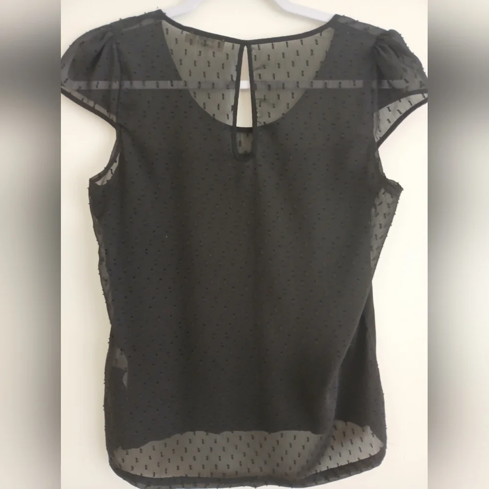 MOLLY BRACKEN Black Swiss Dot Sheer & Jersy  Women's Top Cap slv   Sz S - Picture 6 of 16